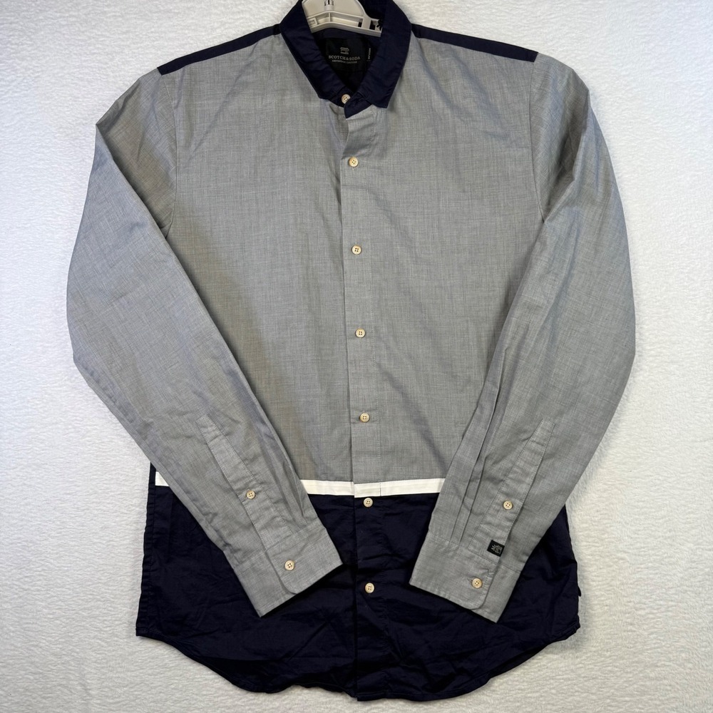 Scotch & Soda Button Down Shirt Mens M Grey Navy Colorblock Regular Long Sleeve